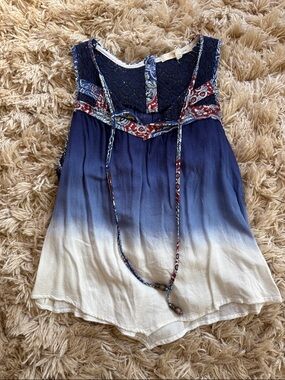 Rewind Blue to White Ombre Boho Sleeveless Camisole with Lace Yoke S